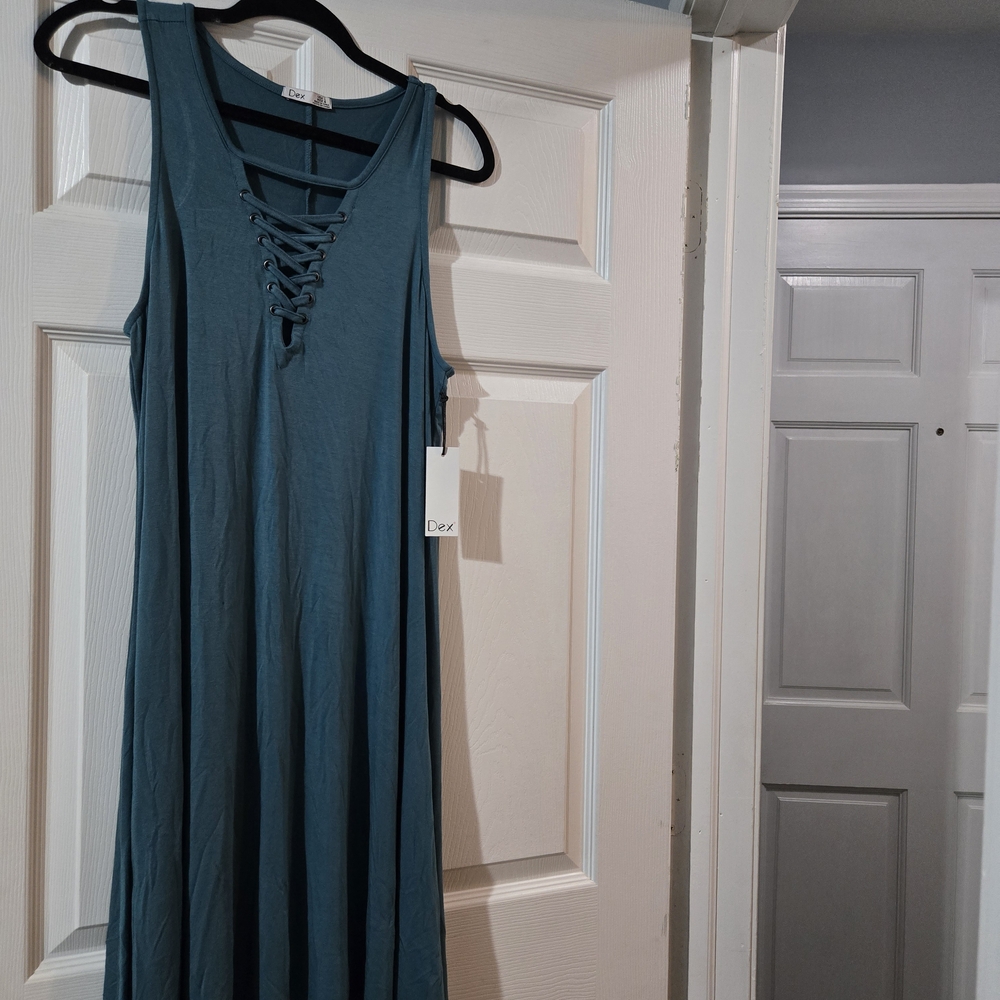 Dex Sleeveless Teal Midi Dress with Lace-Up Front
